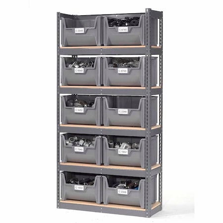 Global Industrial Steel Boltless Wood Deck Shelving, 10 Plastic Hopper Bins Gray, 42x15x84 238203GY